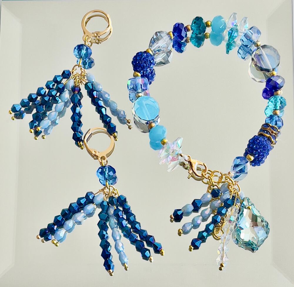 Swarovski Beaded Bracelet & Earrings Set – Blue & Gold Women’s Jewelry Gift
